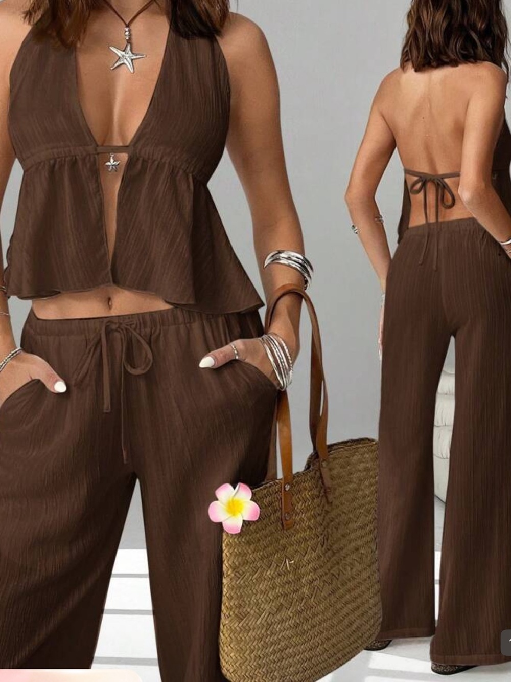 Brown Women’s Wide-Leg Jumpsuit Set